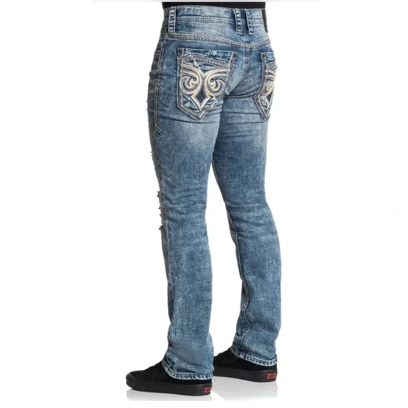 Affliction Men's Denim Jeans Gage Peak Groves Embroidered Blue $135 - Picture 8 of 9